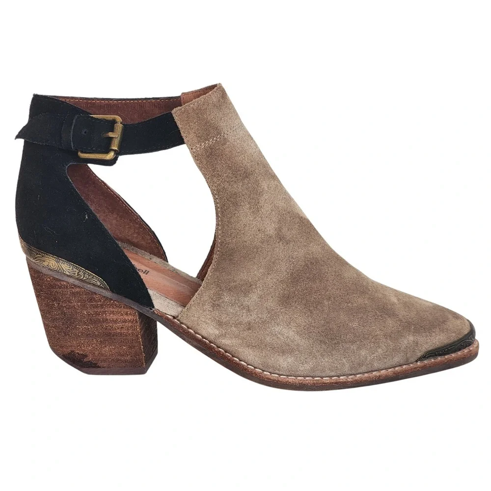 Jeffrey Campbell Woodruff Suede Cutout Ankle Boots Taupe Brass Hardware Size 8.5